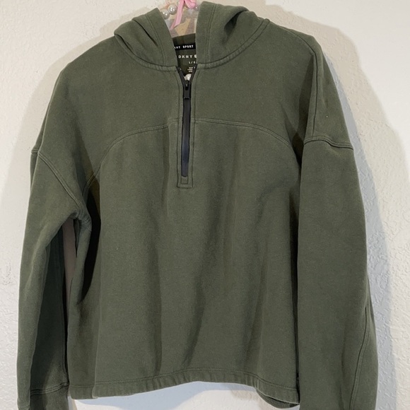 DKNY Cropped Half-Zip Army Green Hoodie Size Large - Picture 3 of 7